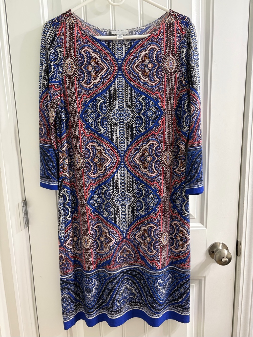 London Times Blue Red Patterned Long Sleeve Shift Dress